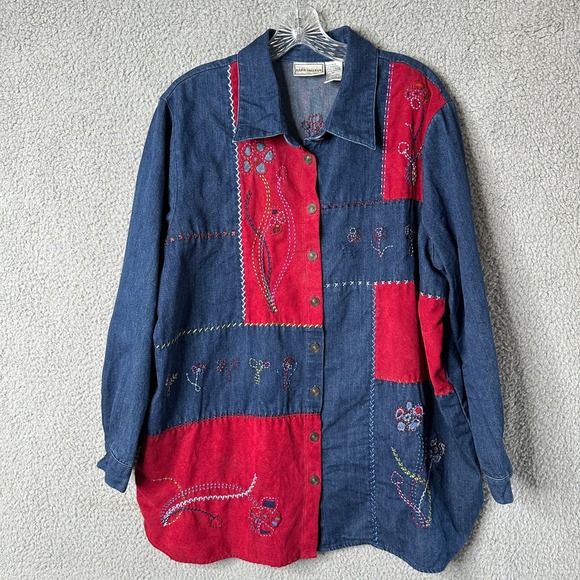 Napa Valley Denim Blouse Top Womens 1X Patchwork Embroidered Boho Chic Button Up - Picture 1 of 11